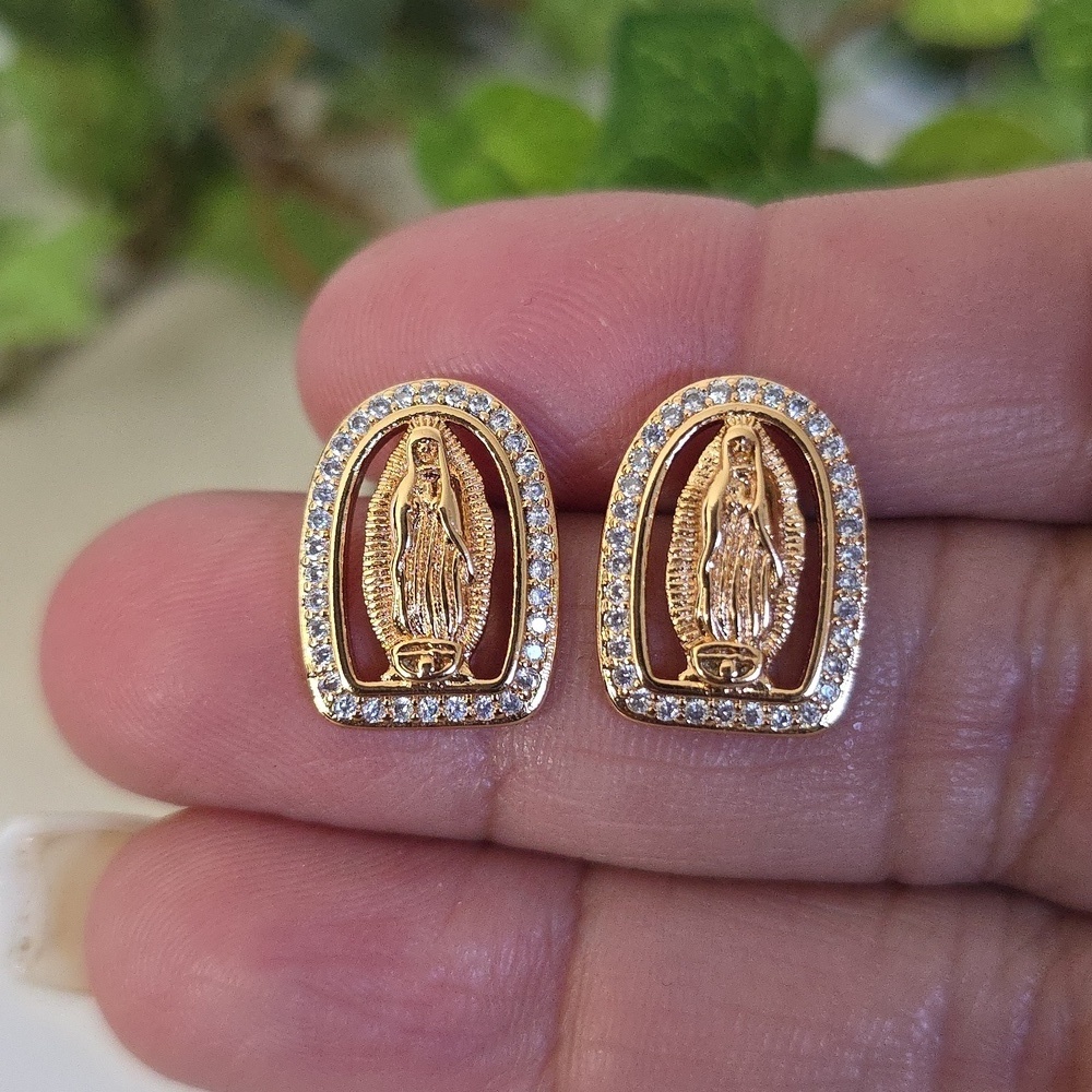 Yellow Gold Religious Icon Small Earrings Pave Crystals - Picture 7 of 7